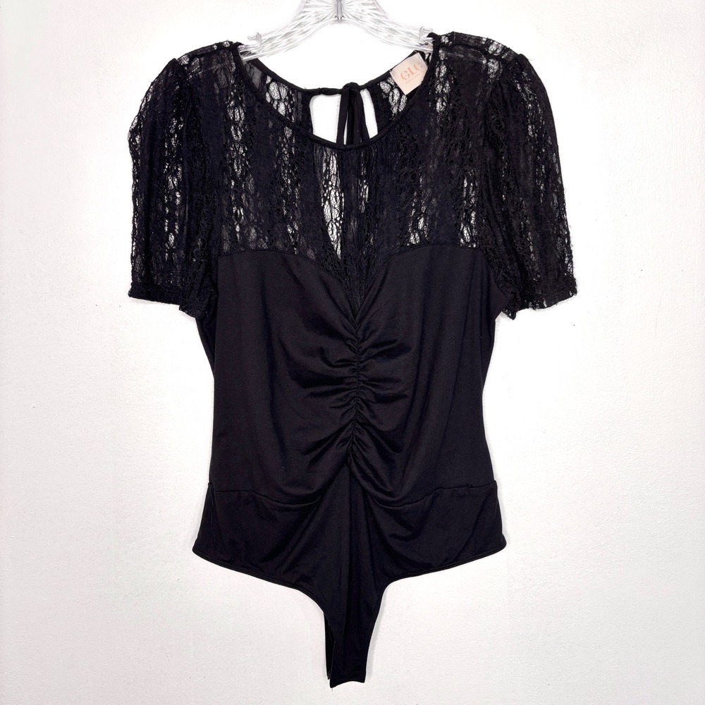 Good Luck Gem Bodysuit Black XL Sheer Lace Ruched Bodice Party Evening Wear Chic